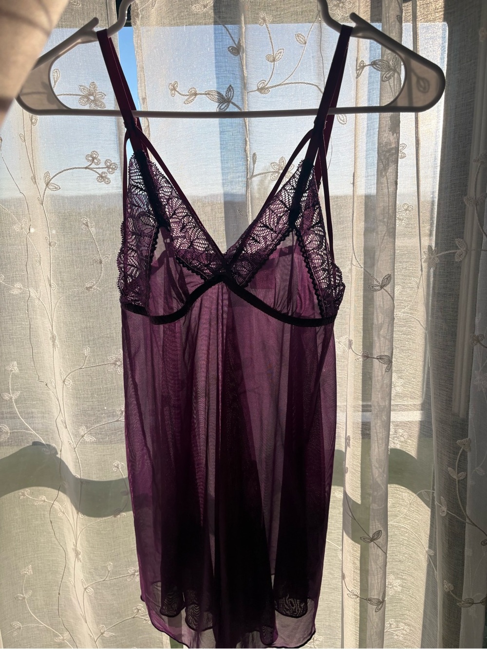 Purple Lace-Trim Chemise with Pink Straps